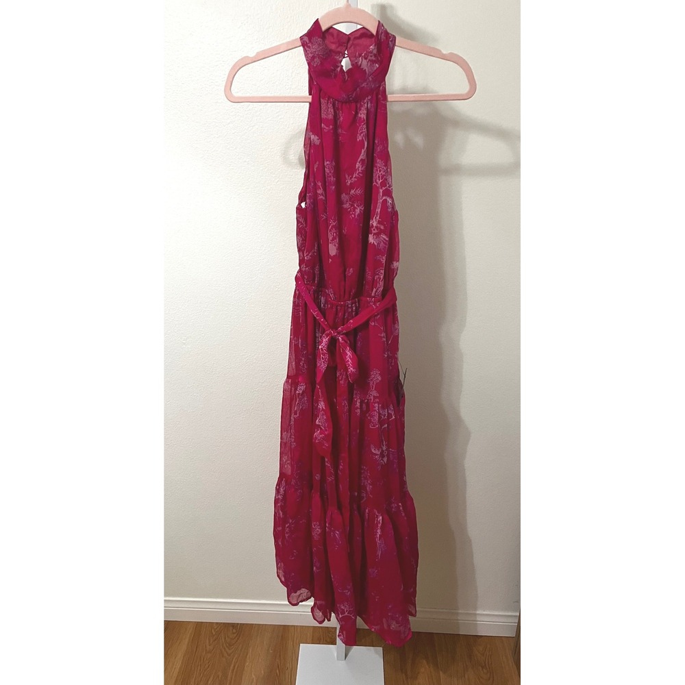NWT Lulus Float to You Hot Pink Floral Print Halter-Neck Tiered Midi Dress Small - Picture 6 of 12